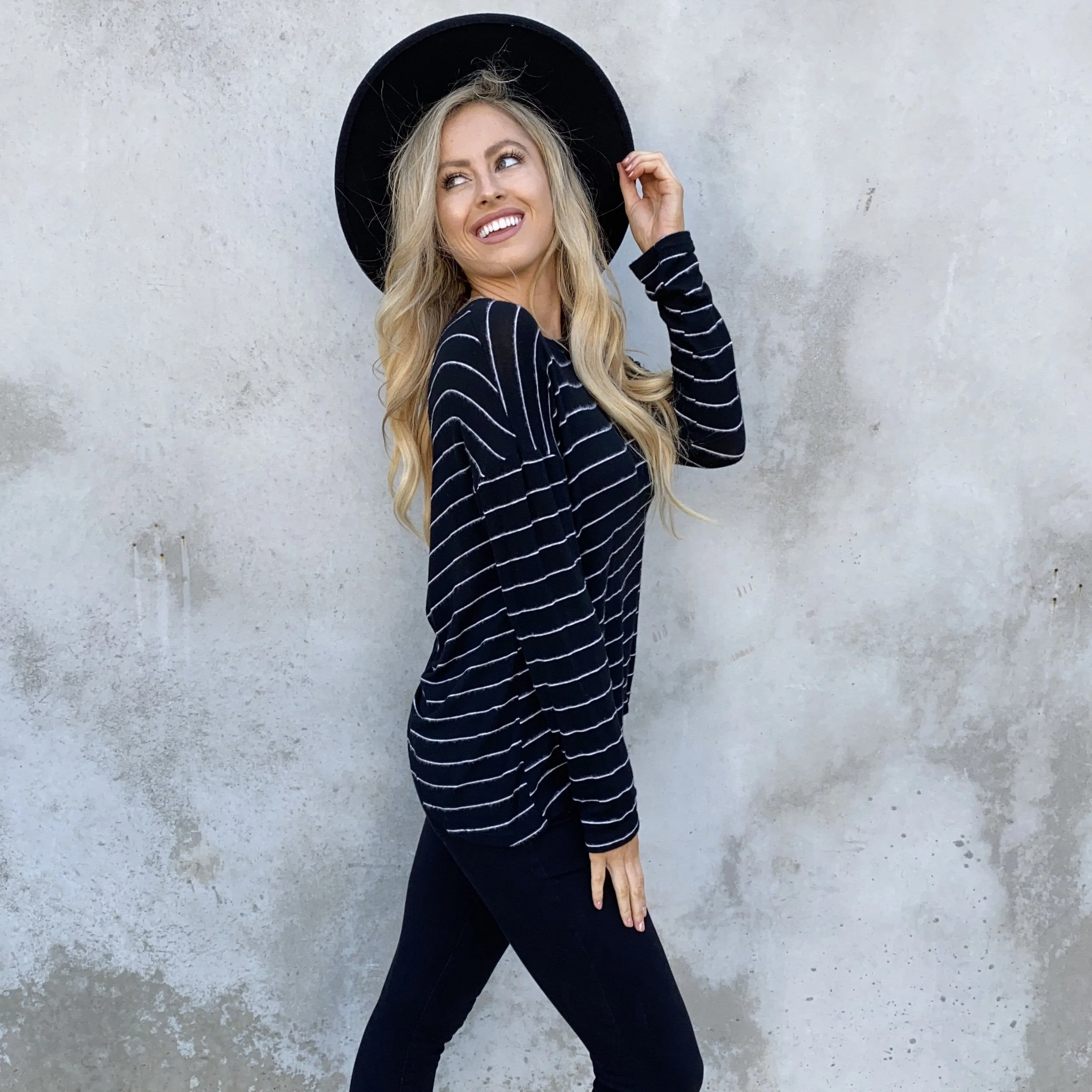 Elsa Fleece Stripe Back Sweater Top In Black