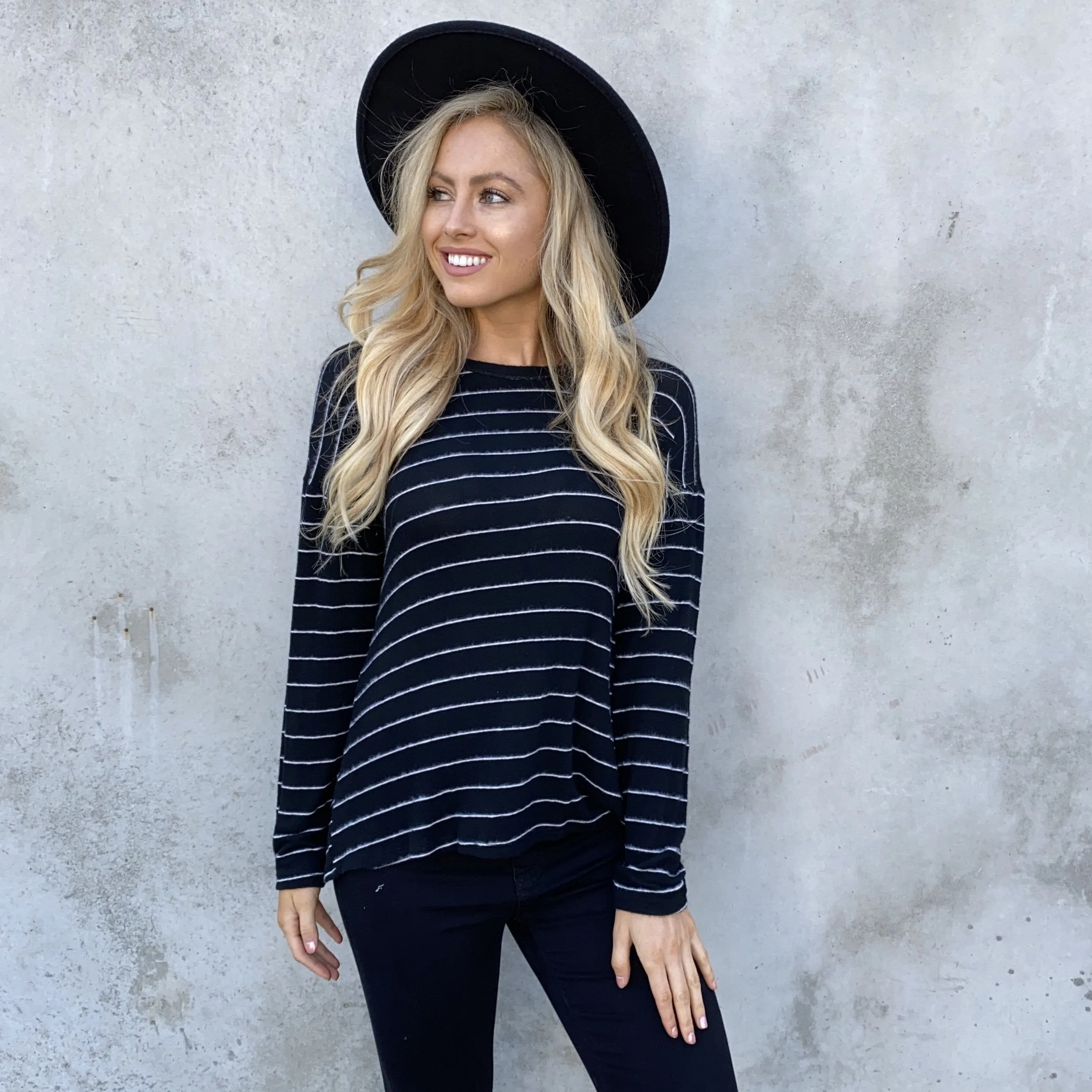 Elsa Fleece Stripe Back Sweater Top In Black