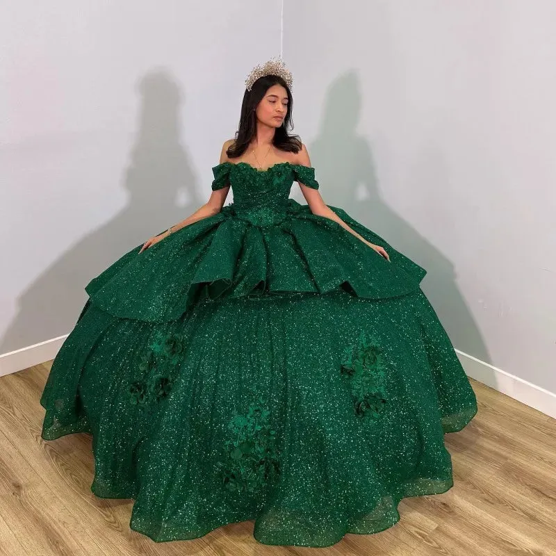 Emerald Green Shiny Handmade 3D Flowers Beading Quinceanera Dresses Ball Gown Off The Shoulder Sweet 16 Dress    fg5762