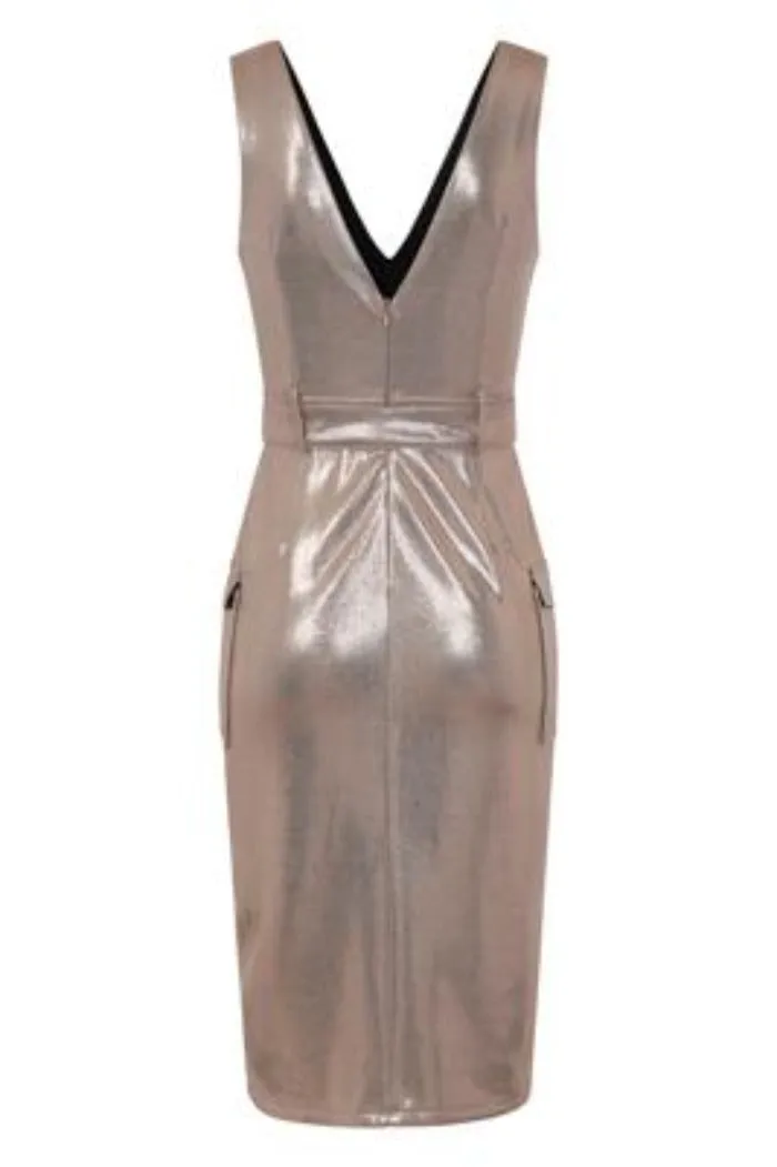 Fame Gold Metallic Tuxedo V Neck Tailored Midi Dress