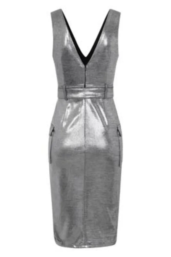 Fame Silver Metallic Tuxedo V Neck Tailored Midi Dress