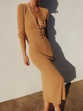 Fashion Casual Long Sleeve Solid Color V-neck Dress