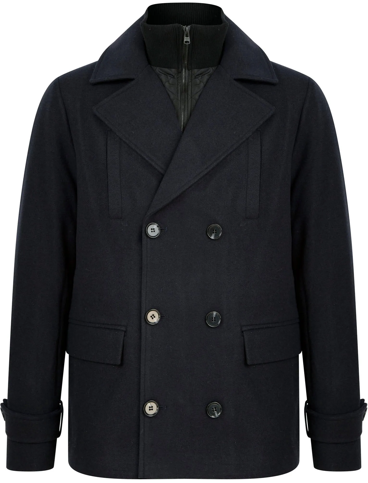 Finley Double Breasted Wool Look Pea Coat with Quilted Mock Insert in Navy - Tokyo Laundry