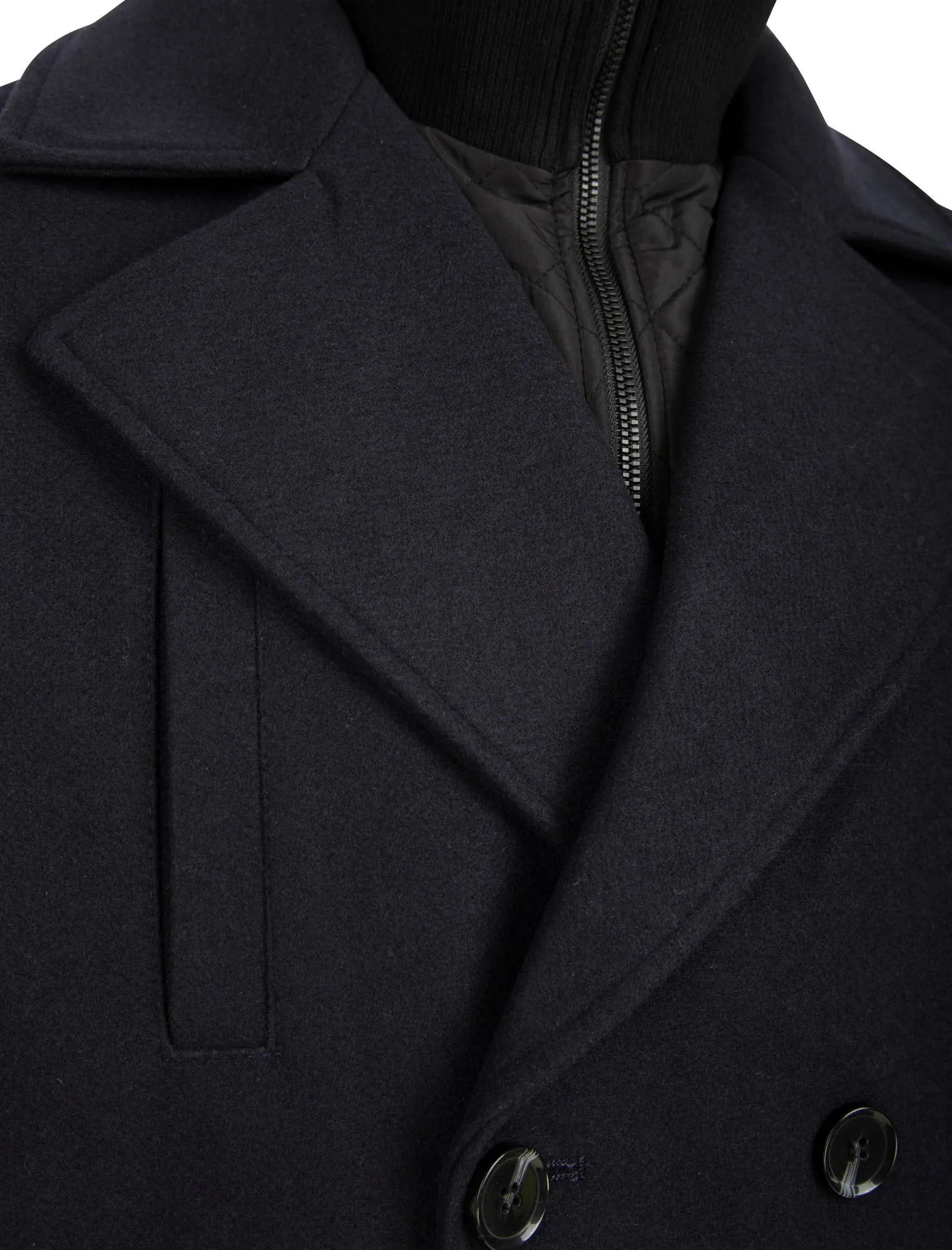 Finley Double Breasted Wool Look Pea Coat with Quilted Mock Insert in Navy - Tokyo Laundry
