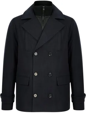 Finley Double Breasted Wool Look Pea Coat with Quilted Mock Insert in Navy - Tokyo Laundry