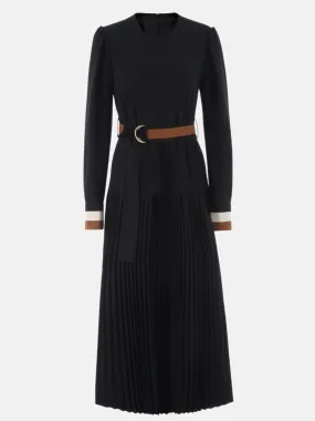 Fleece and Striped Cuffs Midi Dress in Black