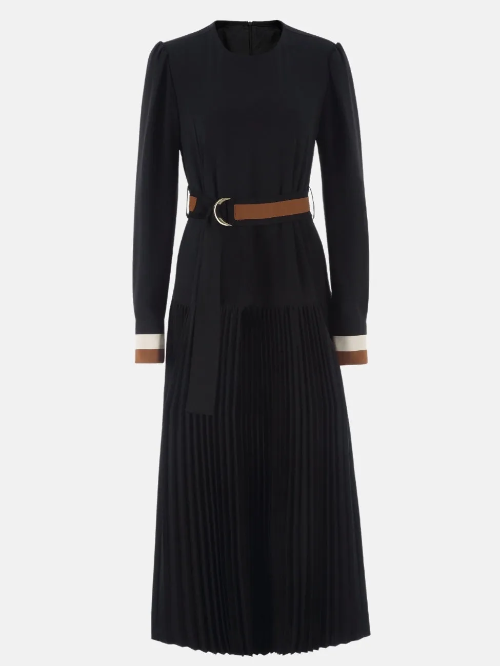 Fleece and Striped Cuffs Midi Dress in Black