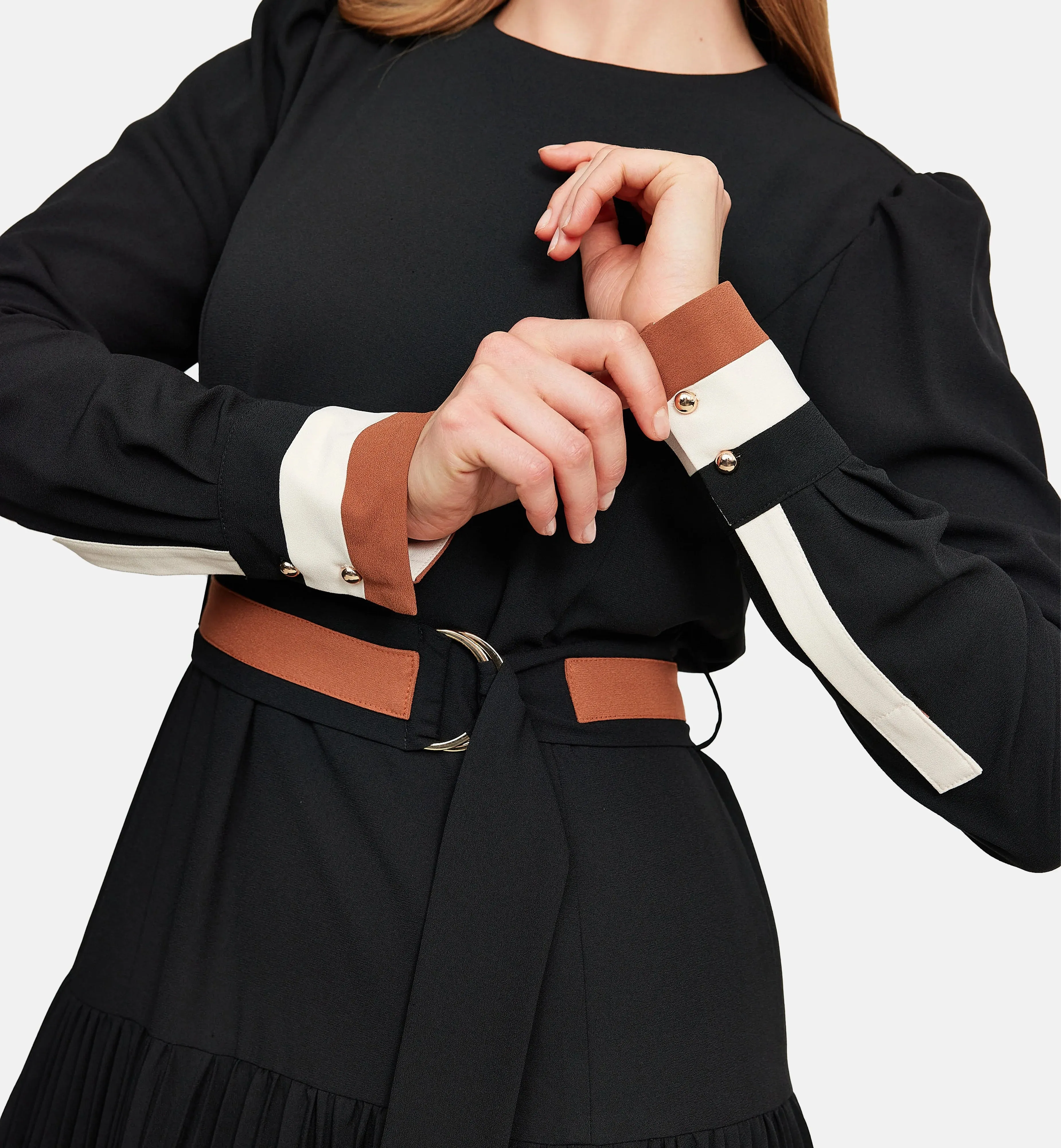 Fleece and Striped Cuffs Midi Dress in Black