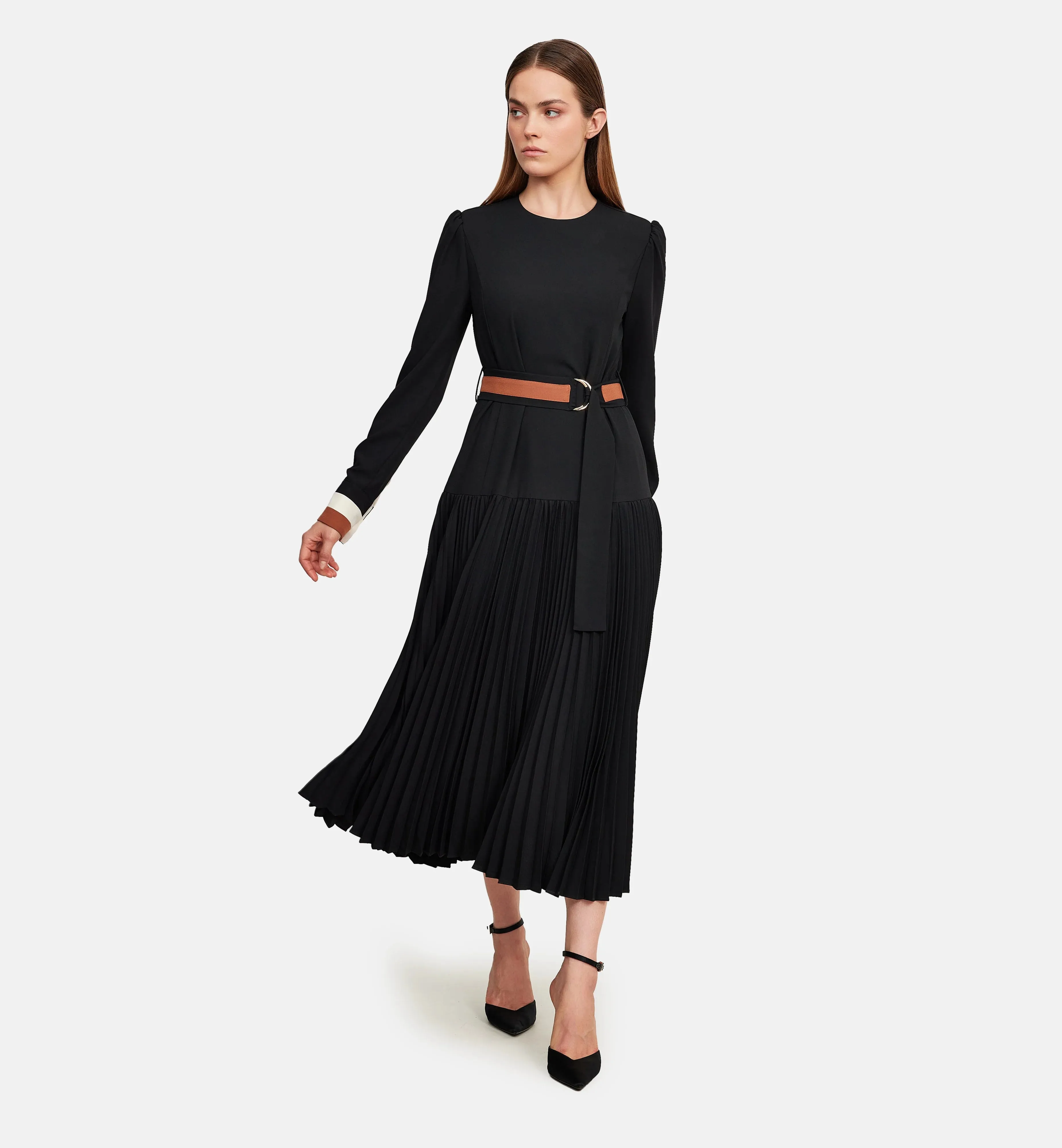 Fleece and Striped Cuffs Midi Dress in Black