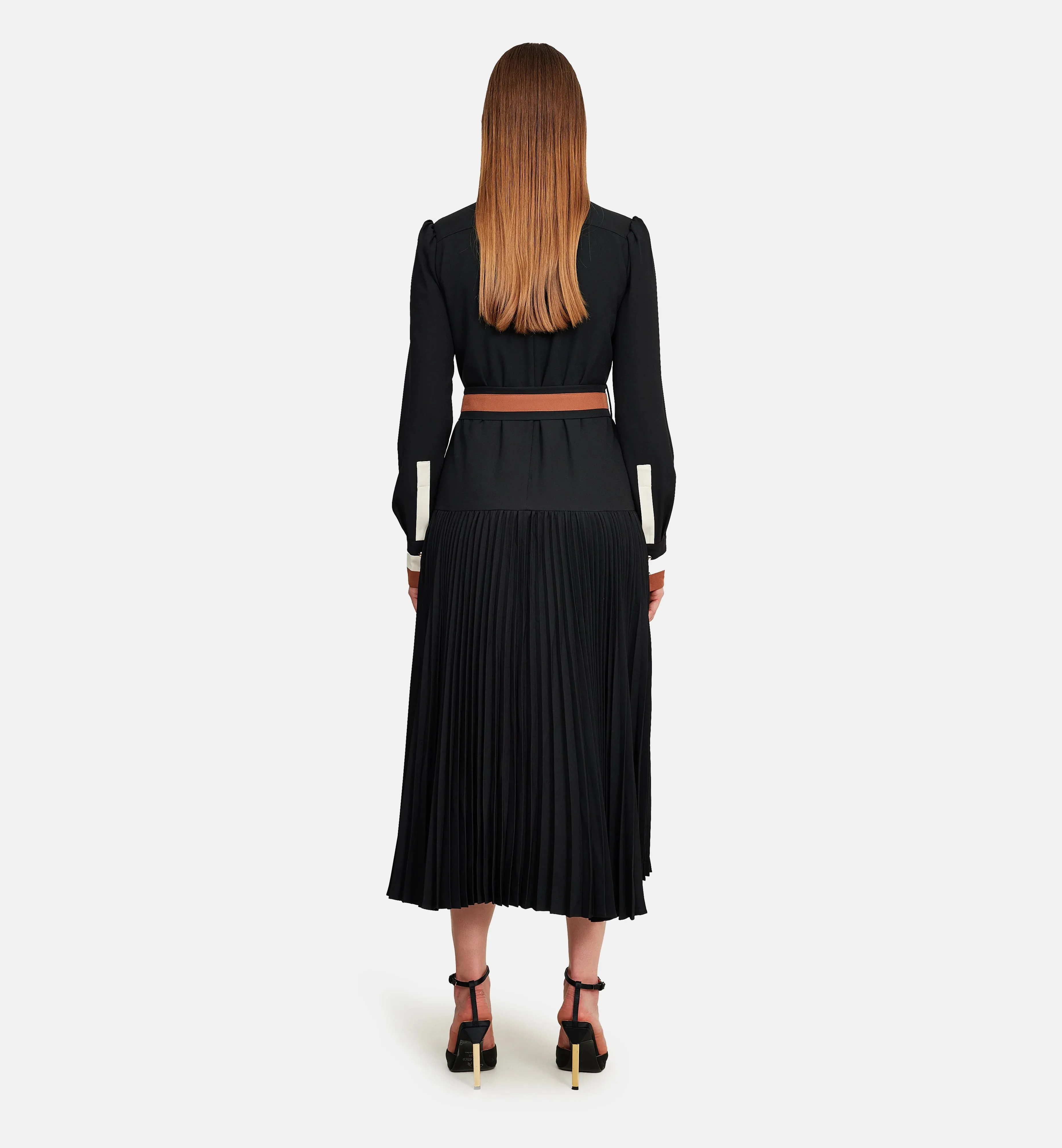 Fleece and Striped Cuffs Midi Dress in Black