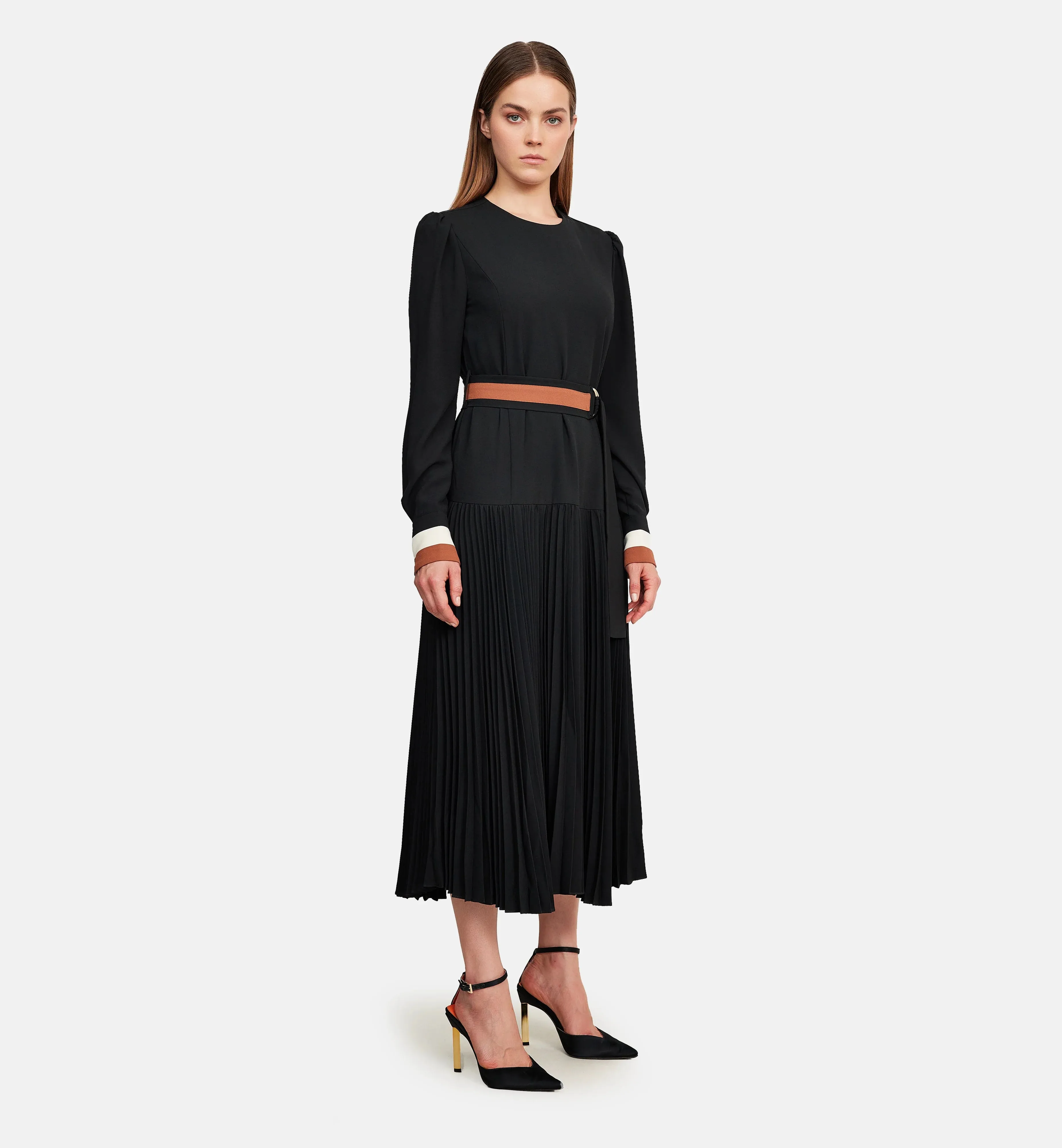 Fleece and Striped Cuffs Midi Dress in Black