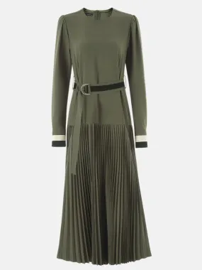 Fleece and Striped Cuffs Midi Dress in Green