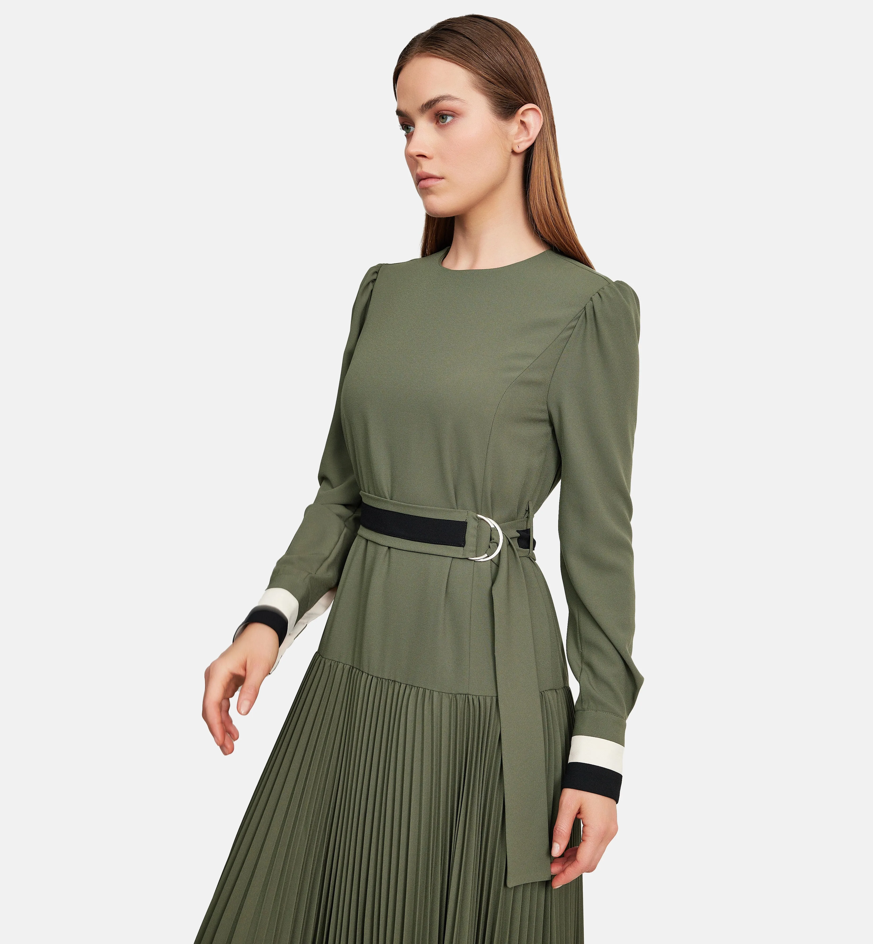 Fleece and Striped Cuffs Midi Dress in Green