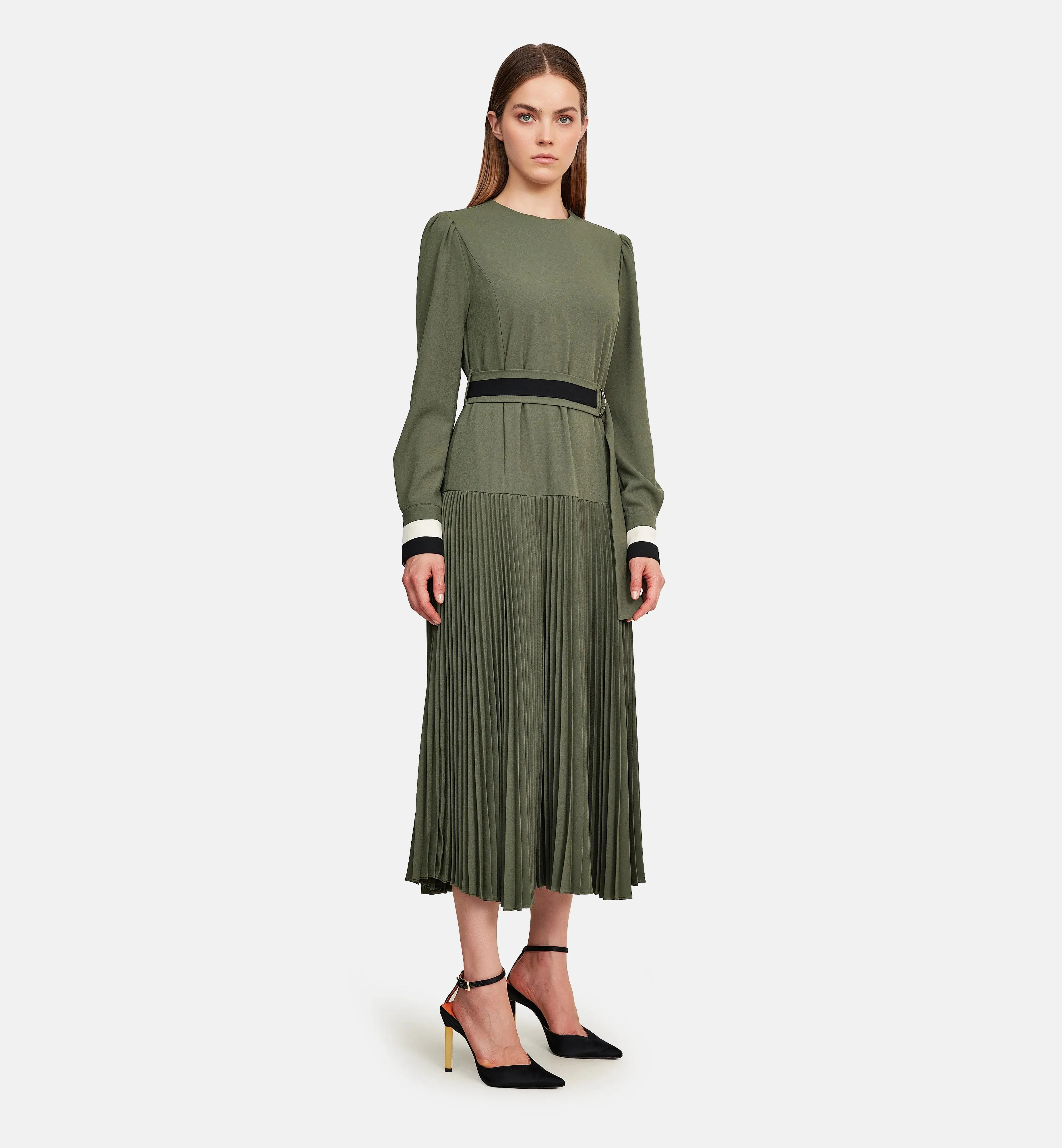 Fleece and Striped Cuffs Midi Dress in Green