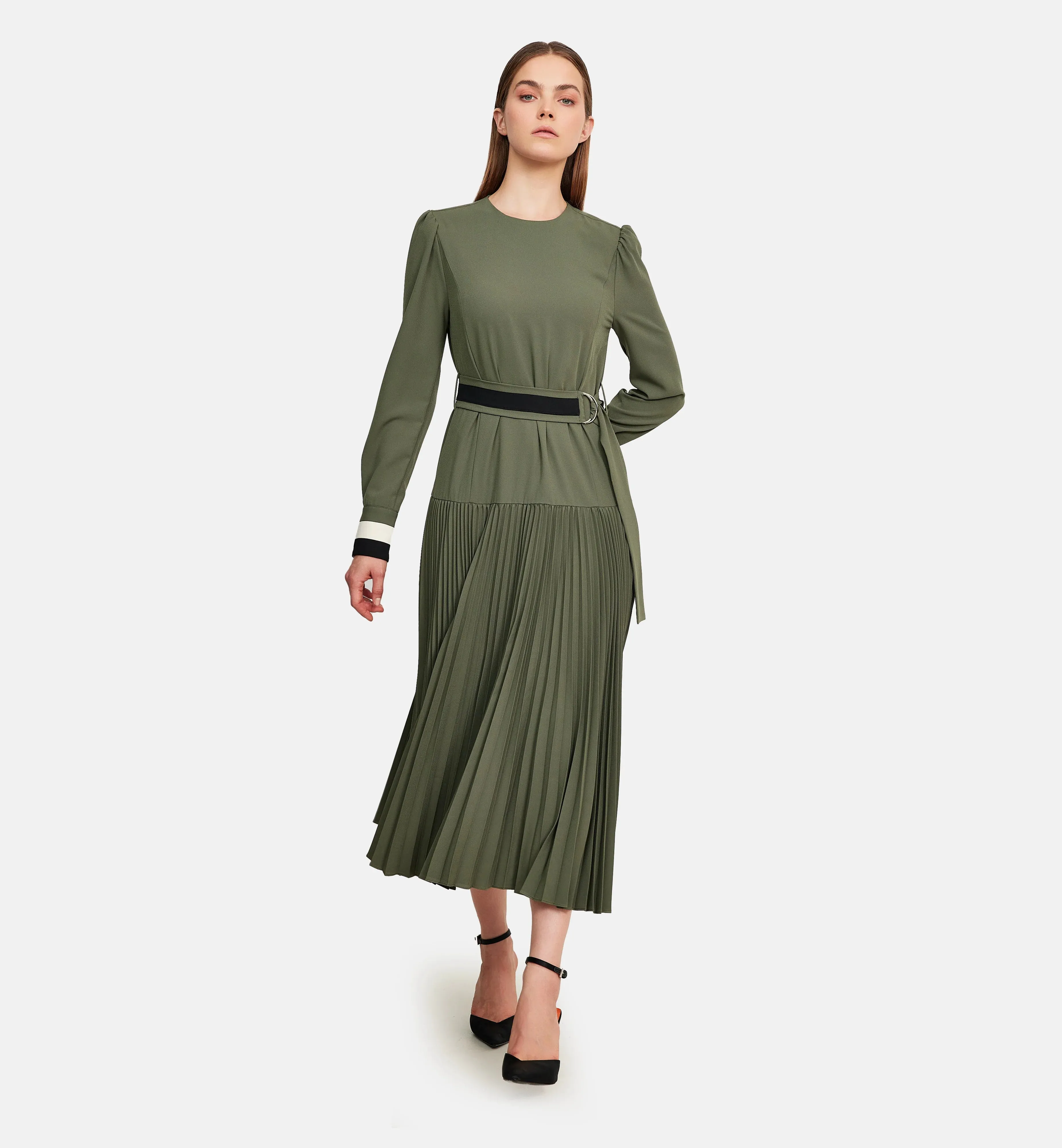 Fleece and Striped Cuffs Midi Dress in Green