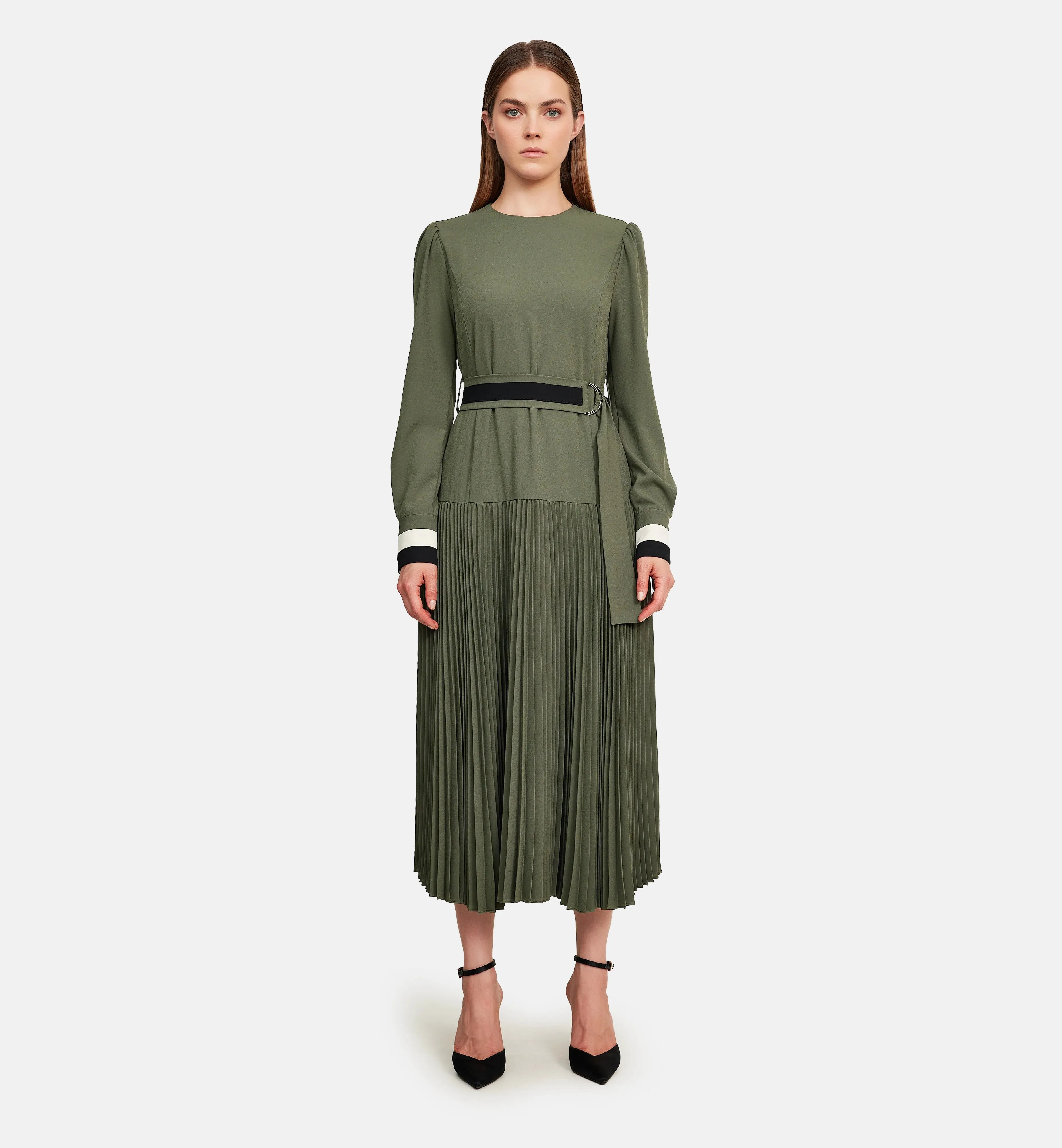 Fleece and Striped Cuffs Midi Dress in Green