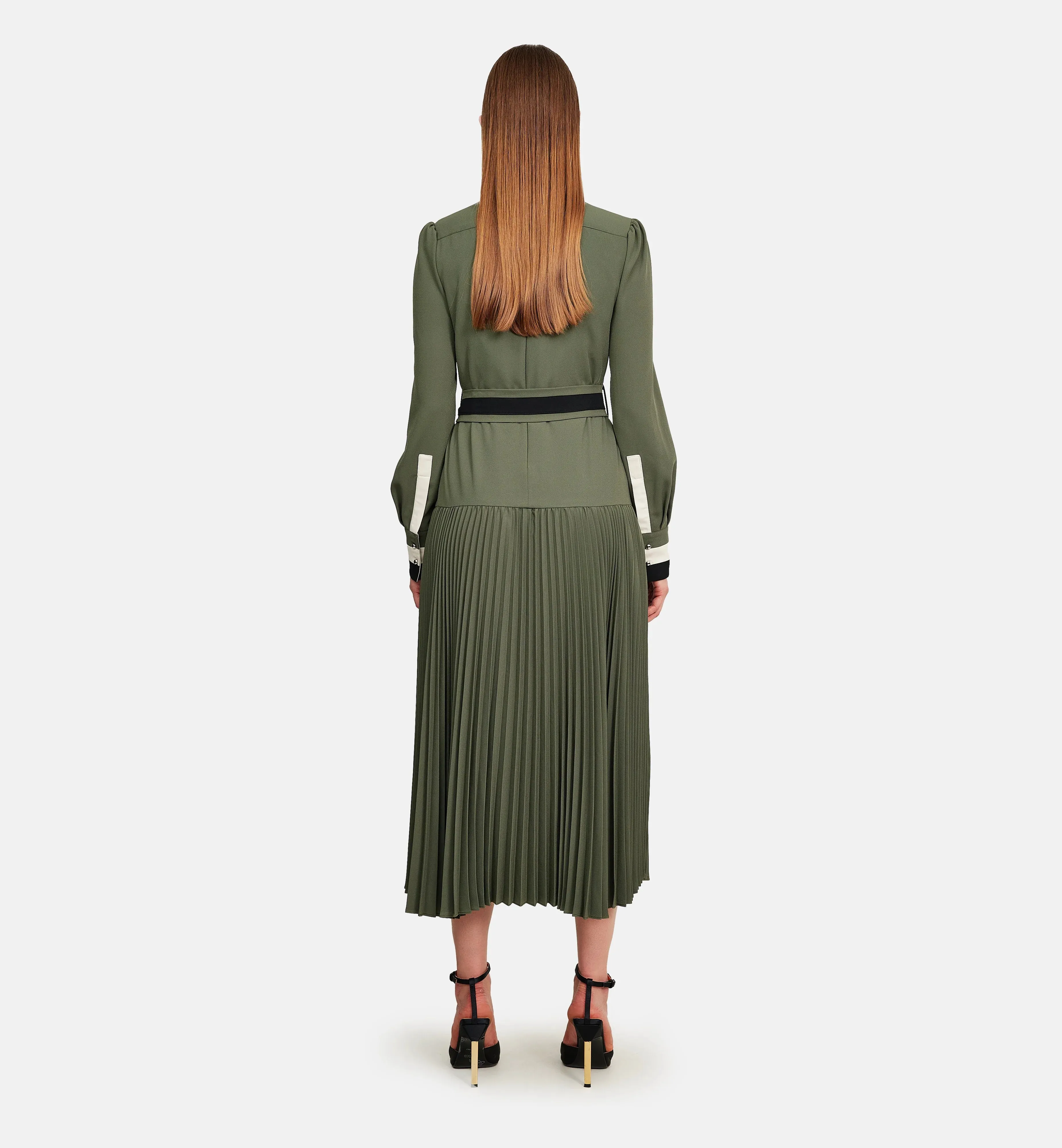 Fleece and Striped Cuffs Midi Dress in Green