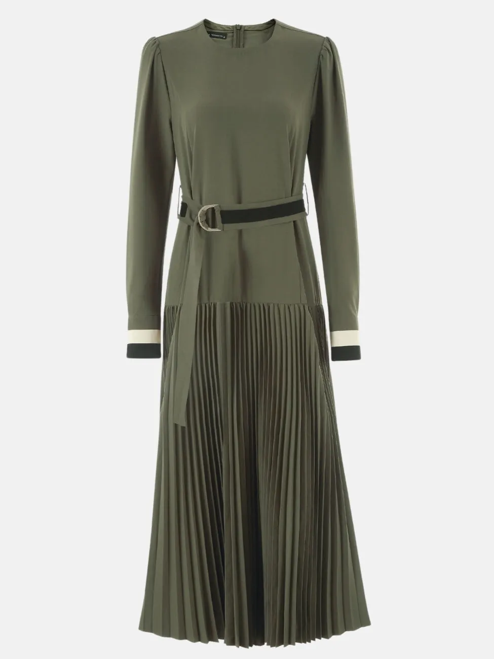 Fleece and Striped Cuffs Midi Dress in Green
