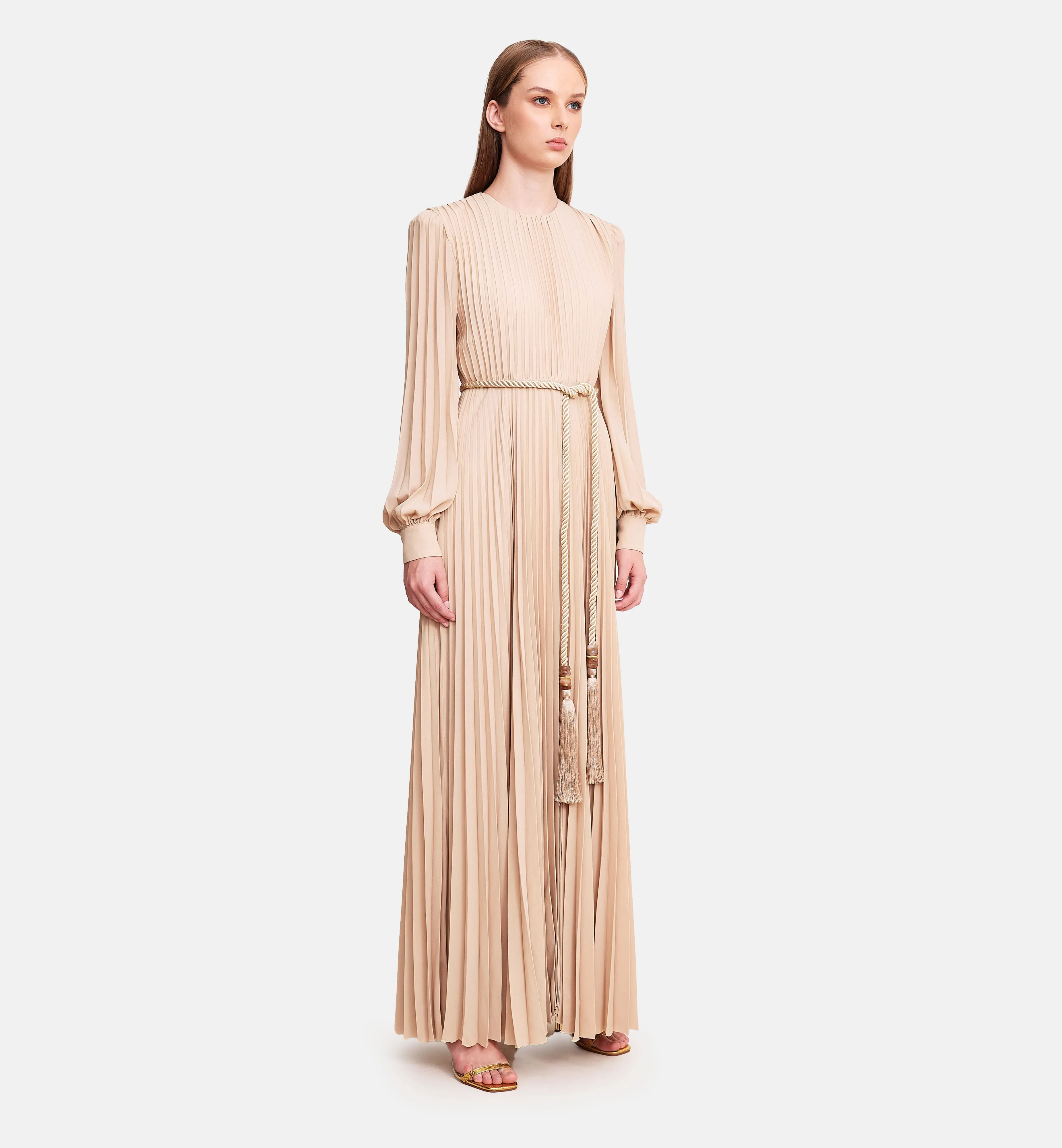Fleece Chiffon Midi Dress in Biege