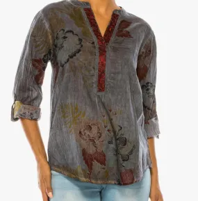 Floral Charcoal Tunic with Paisley Embroidery & Vintage Wash | Poppy Seed