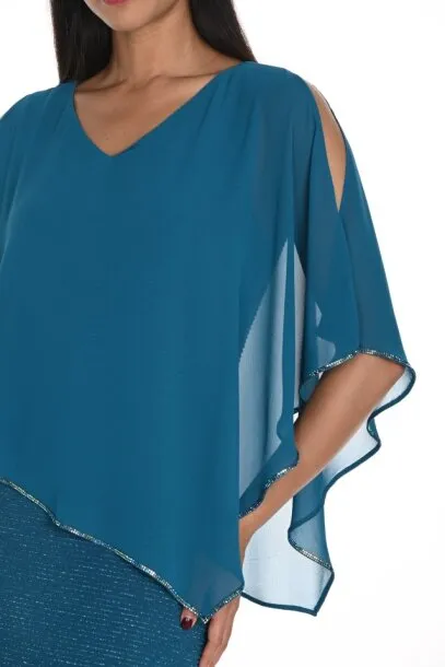 Frank Lyman Gown with Chiffon V-Neck Angled Cape in Teal/Blue or Royal