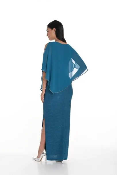 Frank Lyman Gown with Chiffon V-Neck Angled Cape in Teal/Blue or Royal