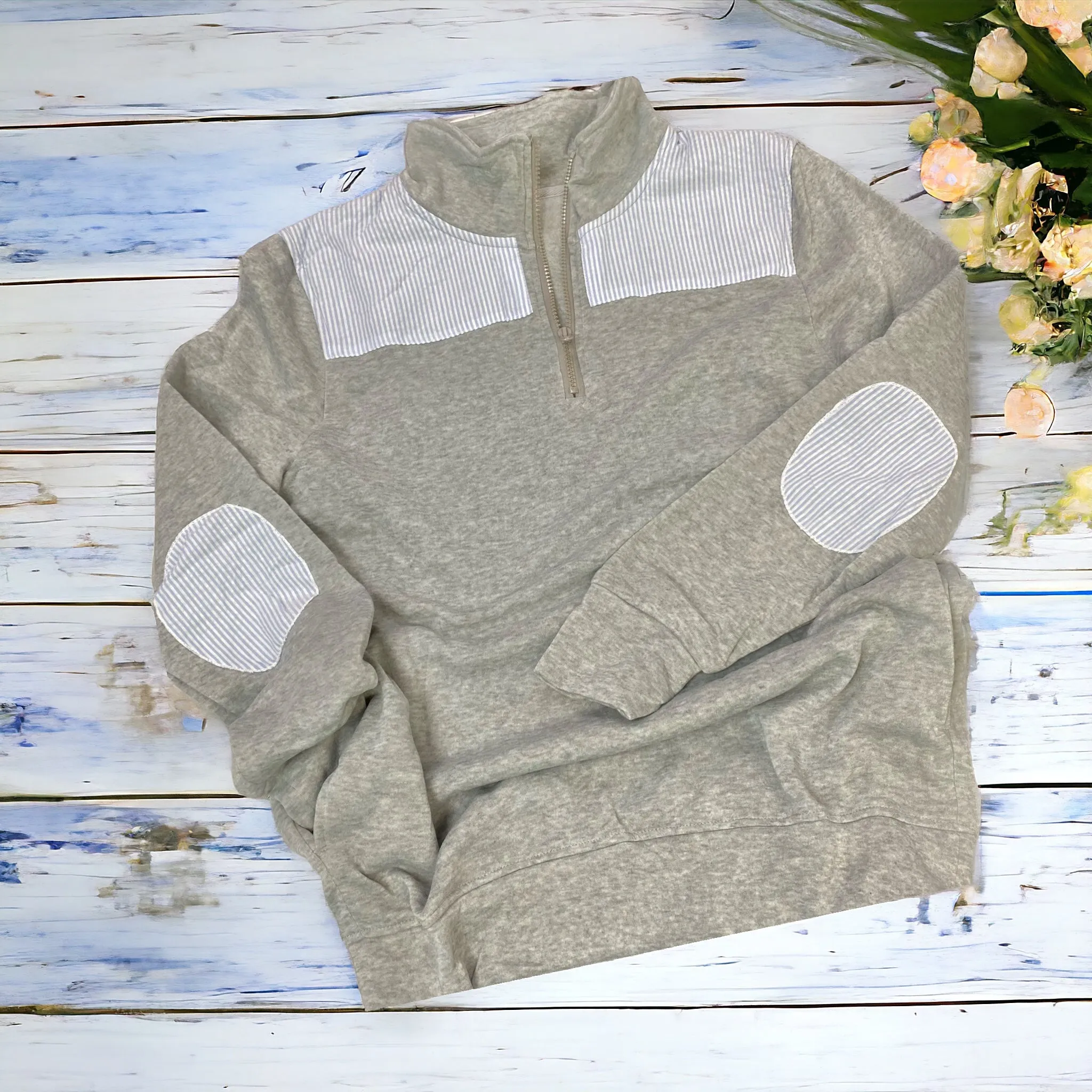 Frosted Grey 1/4 Zip with Seersucker around the Collar and Elbows with Pockets