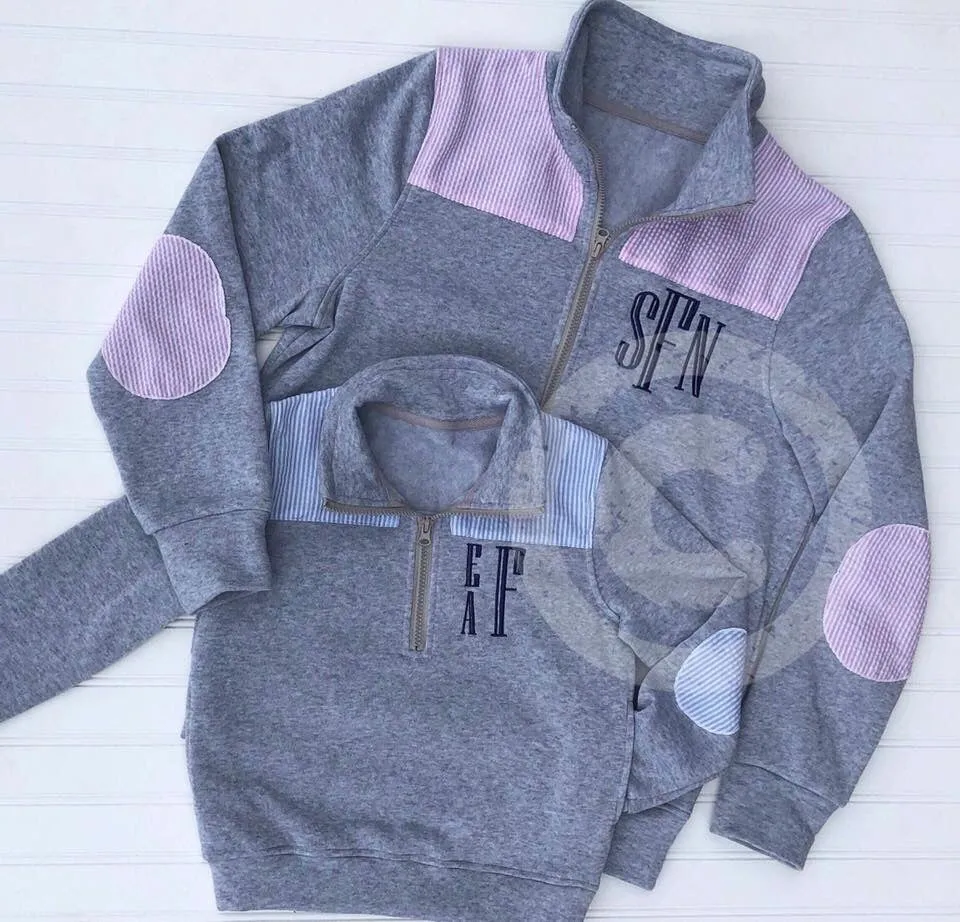 Frosted Grey 1/4 Zip with Seersucker around the Collar and Elbows with Pockets