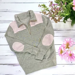Frosted Grey 1/4 Zip with Seersucker around the Collar and Elbows with Pockets