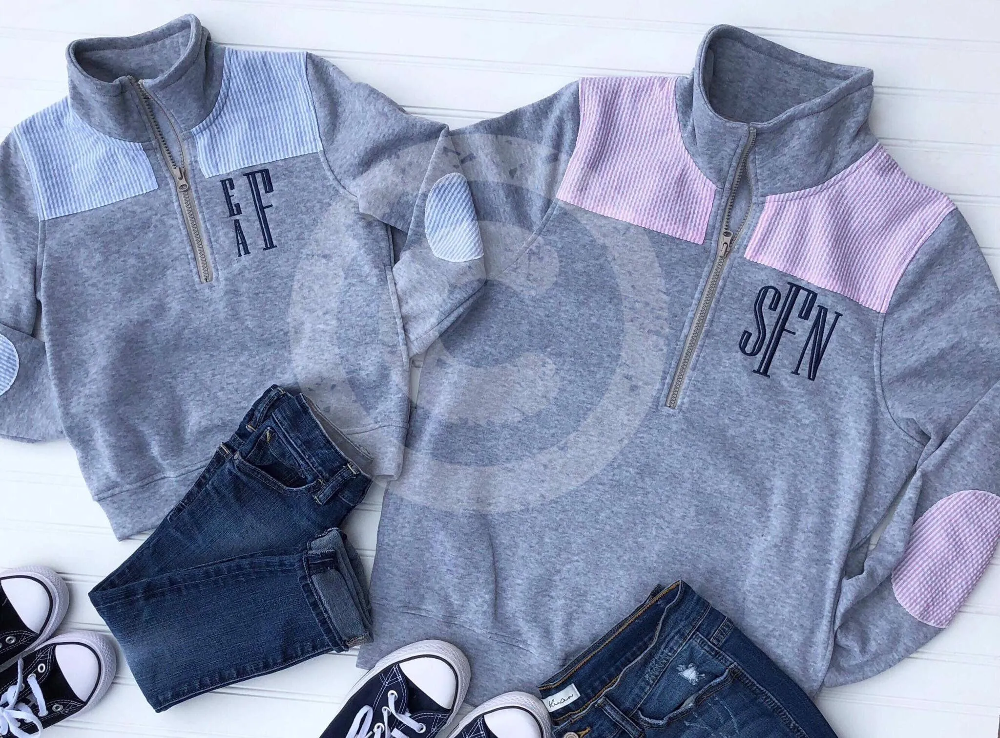 Frosted Grey 1/4 Zip with Seersucker around the Collar and Elbows with Pockets