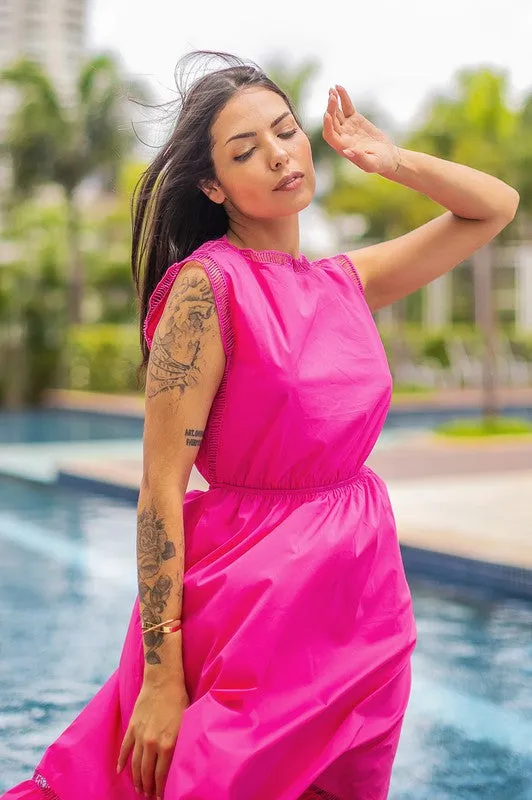 Fuchsia Ladder Trim Detail Poplin Dress