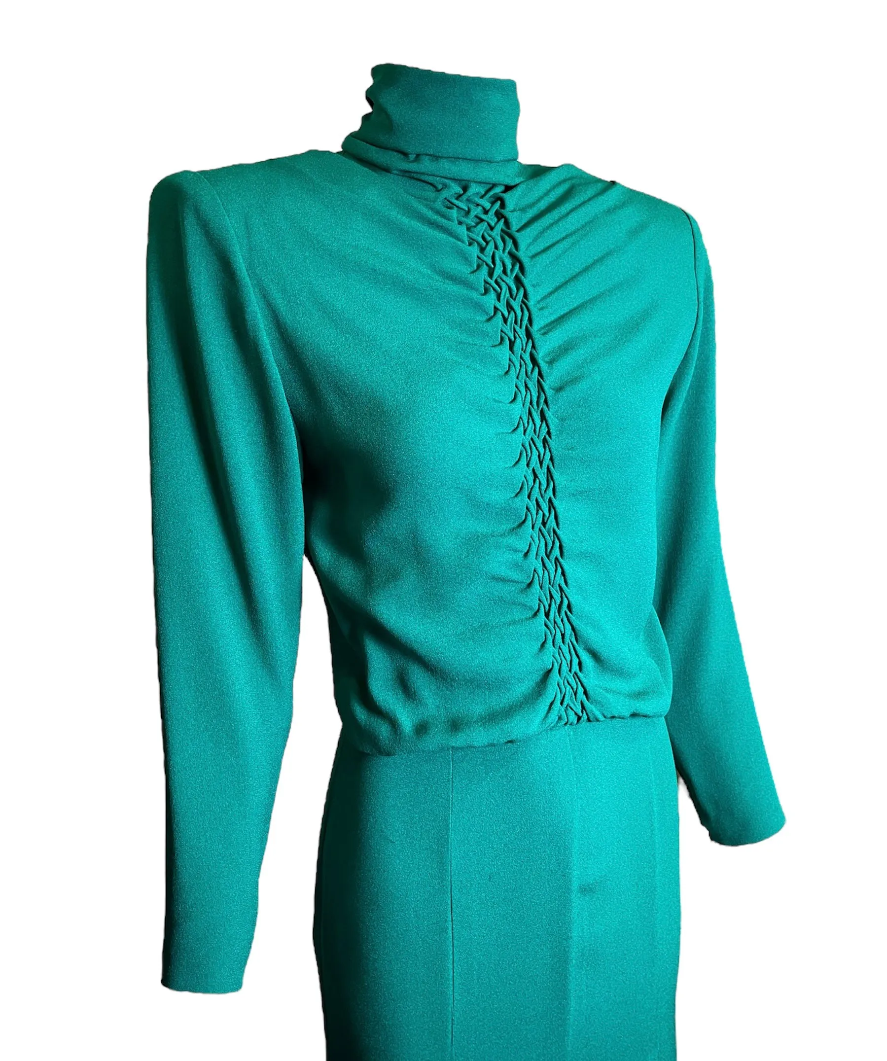 Galanos 80s Emerald Green Gown w/ Woven Front Detail