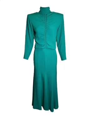 Galanos 80s Emerald Green Gown w/ Woven Front Detail