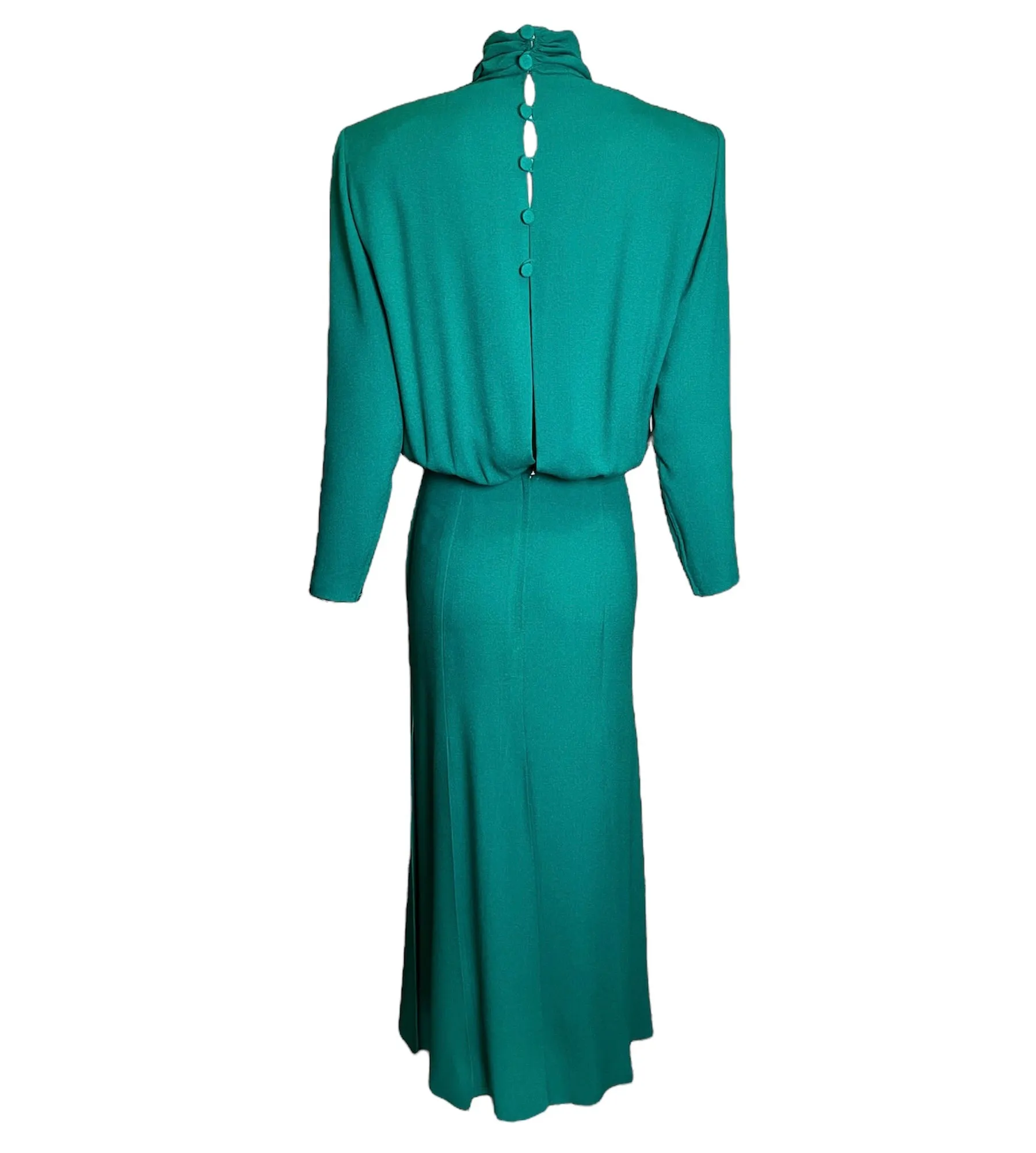 Galanos 80s Emerald Green Gown w/ Woven Front Detail