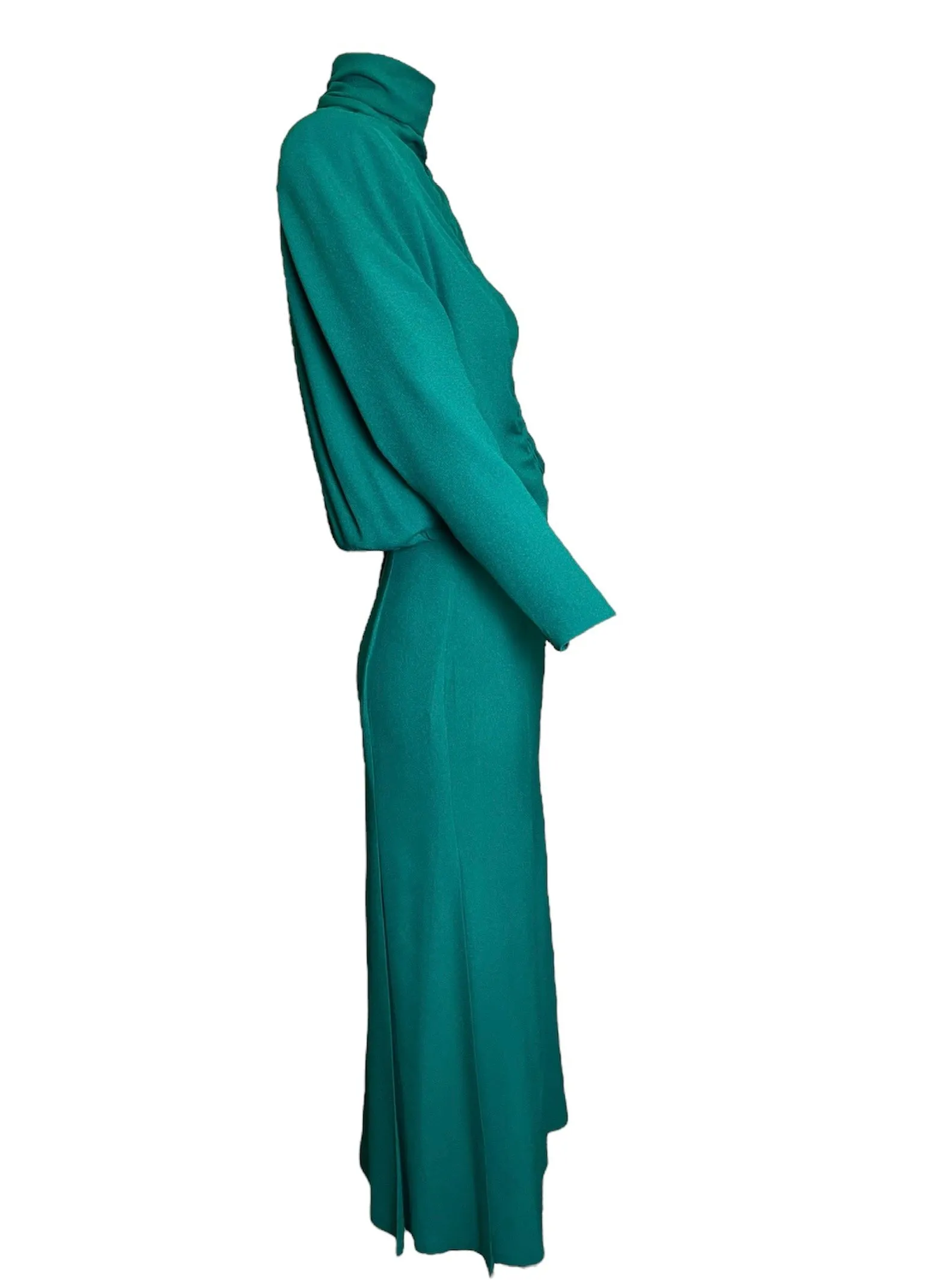 Galanos 80s Emerald Green Gown w/ Woven Front Detail
