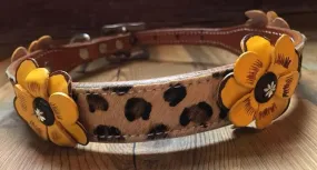 Genuine leather dog collar with a hair on cheetah, and yellow painted 3D flower accent