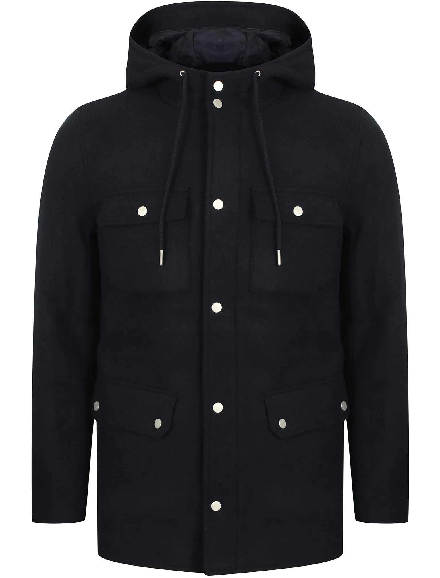 Giordiano Hooded Wool Blend Coat with Pockets In Navy - Tokyo Laundry
