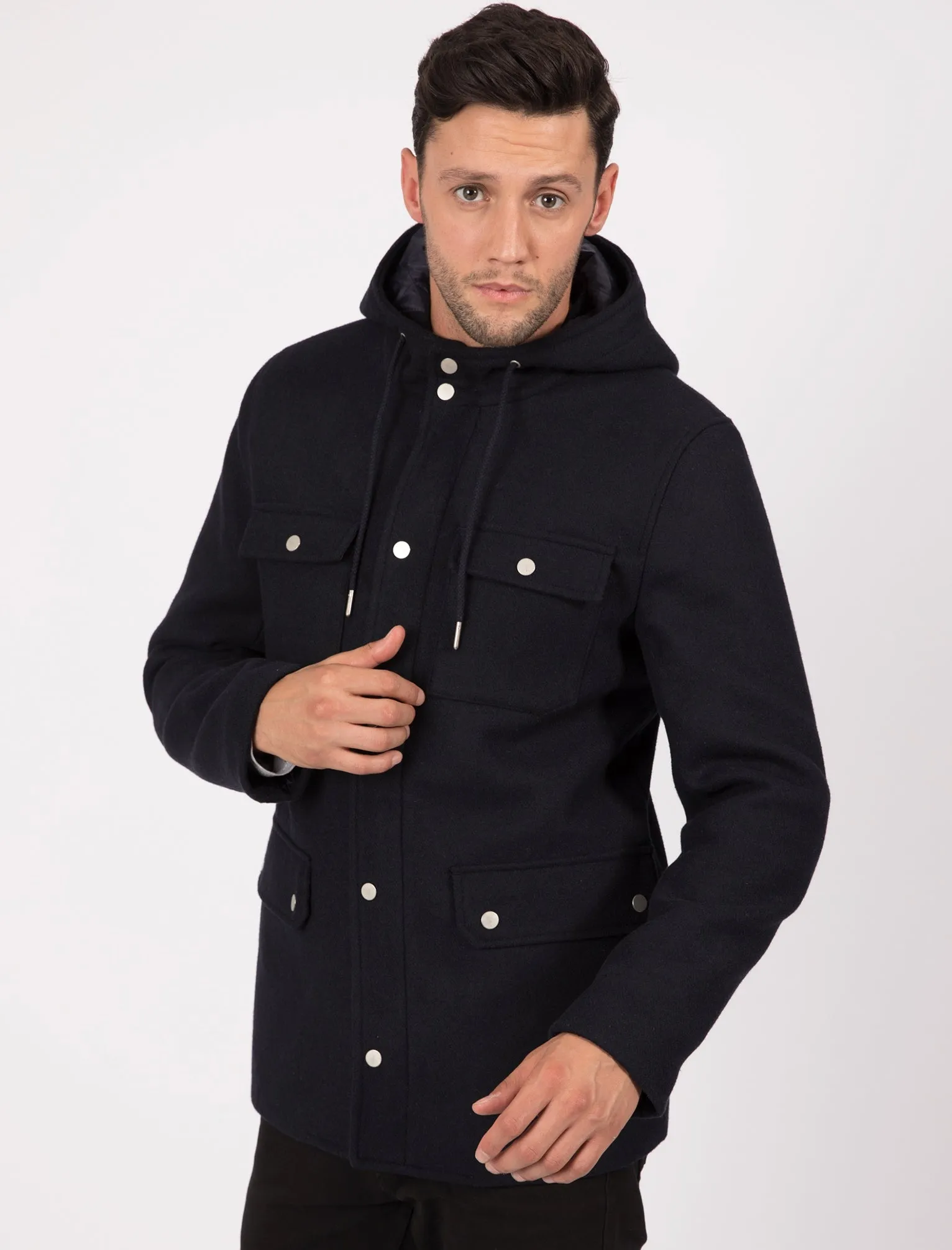 Giordiano Hooded Wool Blend Coat with Pockets In Navy - Tokyo Laundry