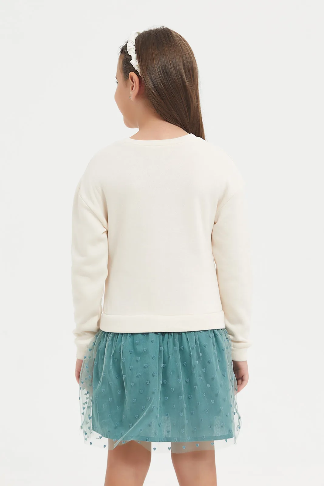 Girls Cream Dobby Mesh Dress.