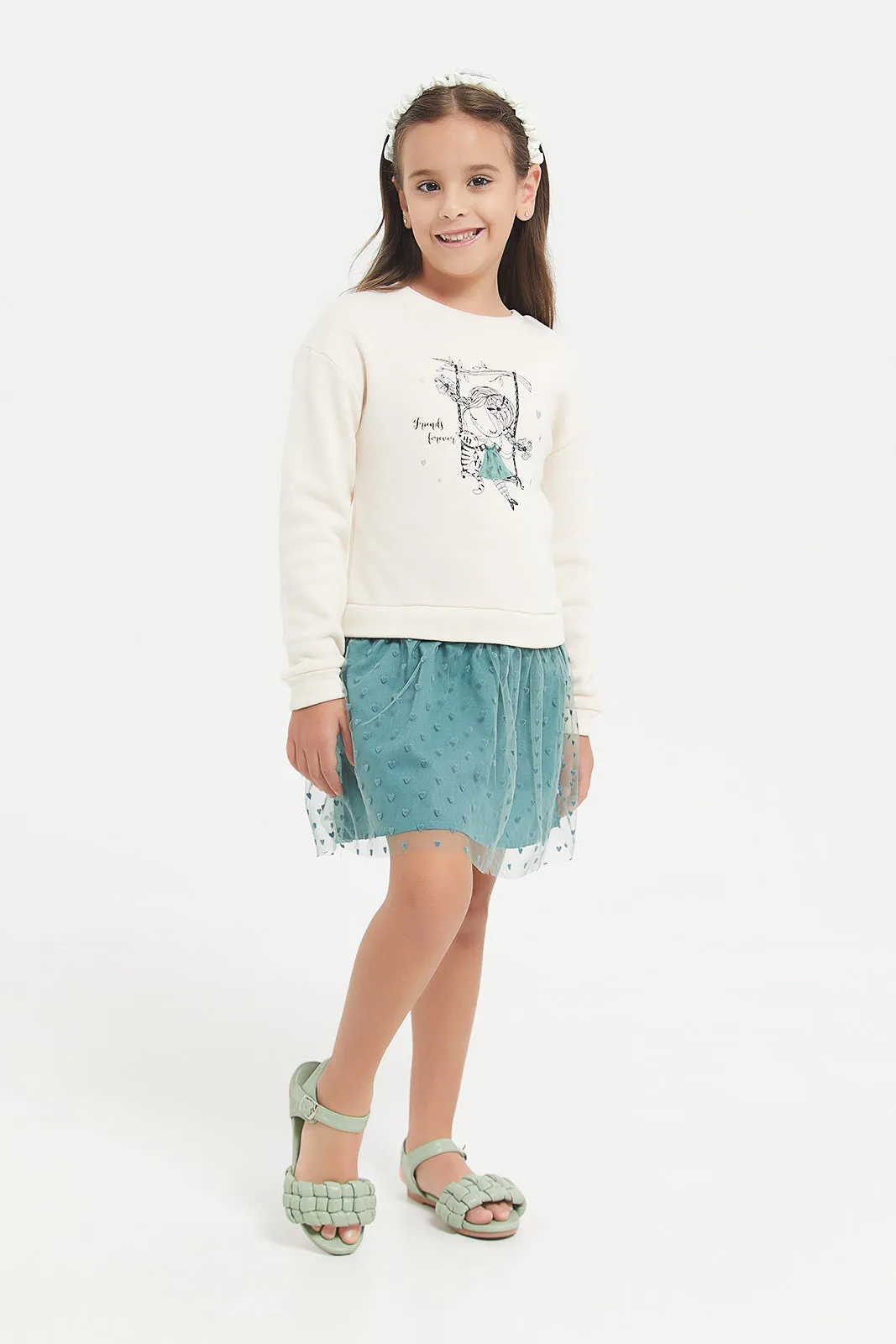 Girls Cream Dobby Mesh Dress.