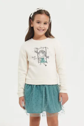 Girls Cream Dobby Mesh Dress.