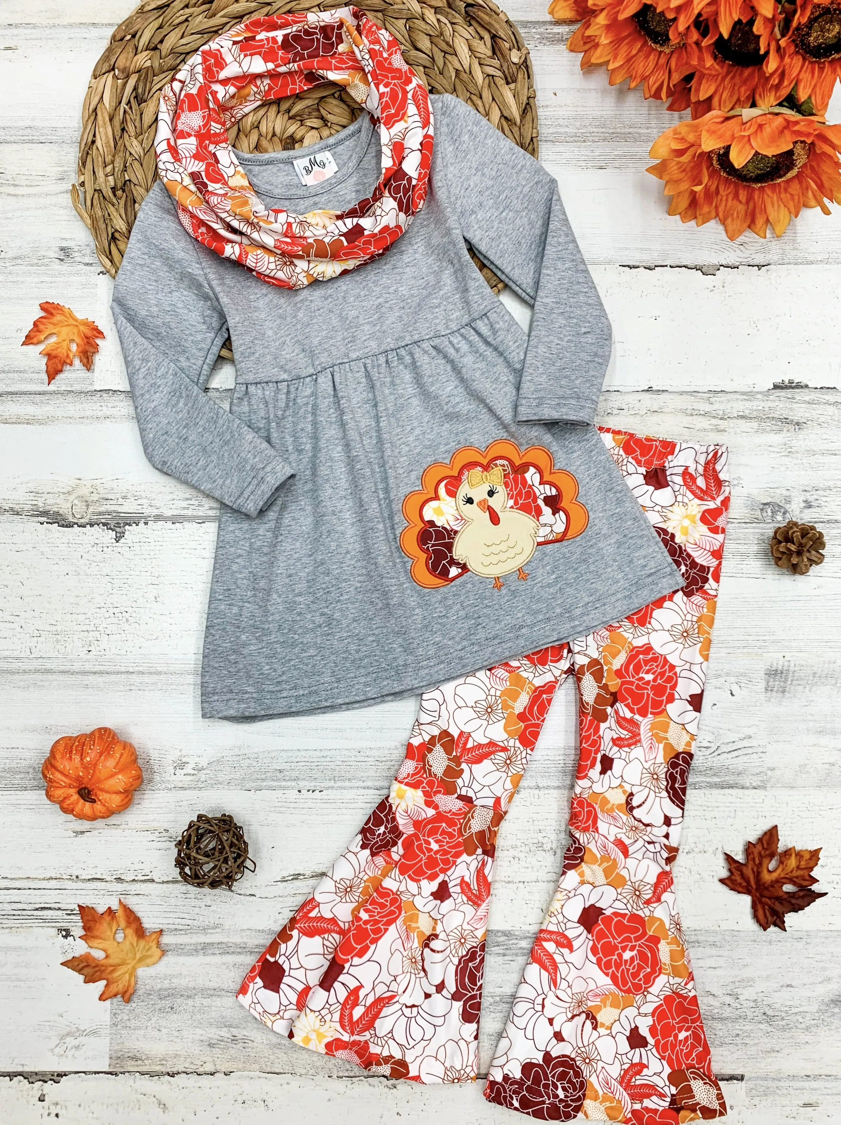 Girls Turkey Applique Tunic, Floral Print Leggings And Matching Scarf Set
