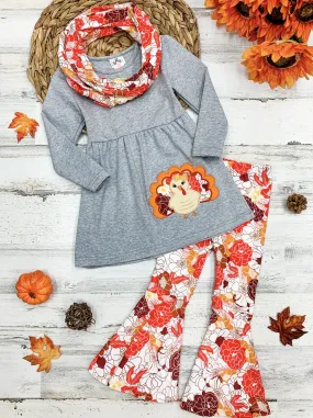 Girls Turkey Applique Tunic, Floral Print Leggings And Matching Scarf Set