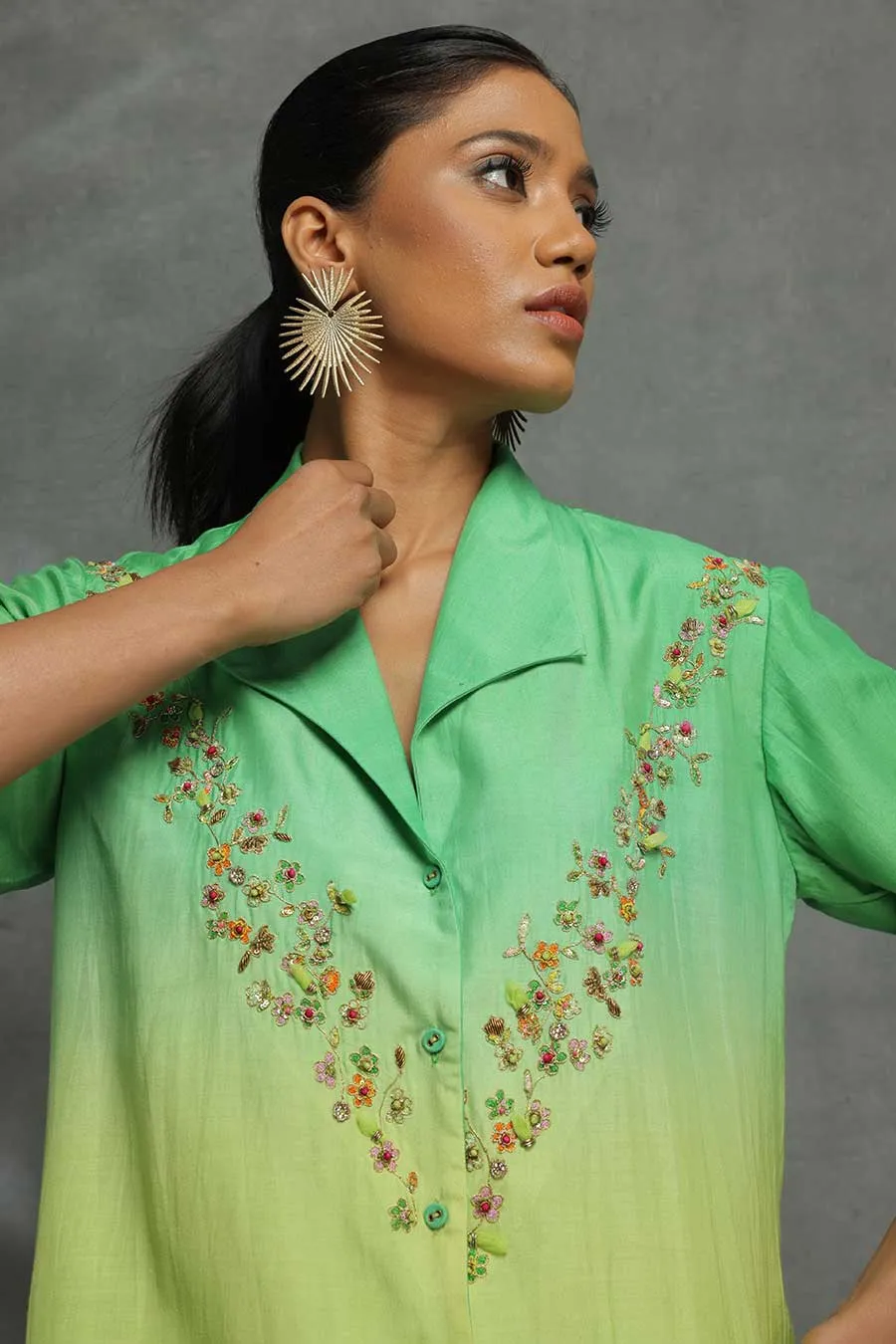 Green Ombre Embellished Tunic & Pant Set