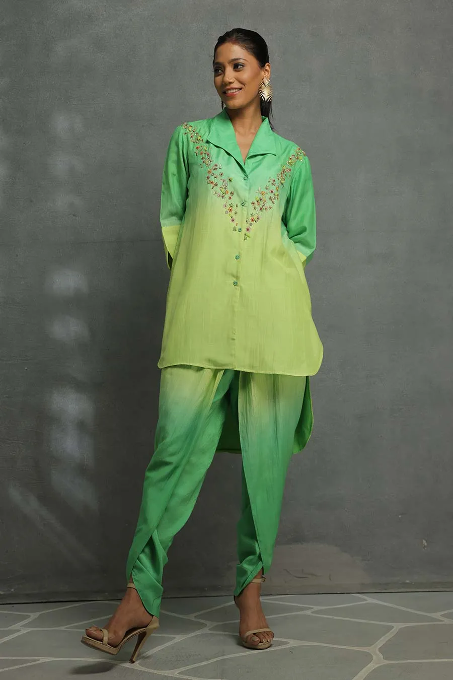 Green Ombre Embellished Tunic & Pant Set