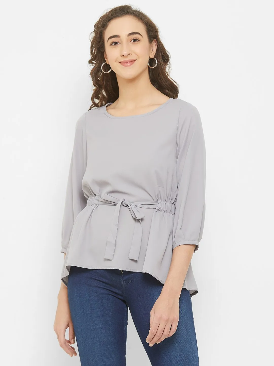 Grey Solid Top With Tie Up At Waist
