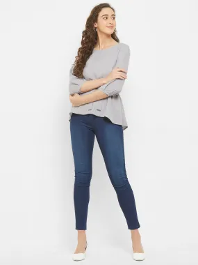 Grey Solid Top With Tie Up At Waist