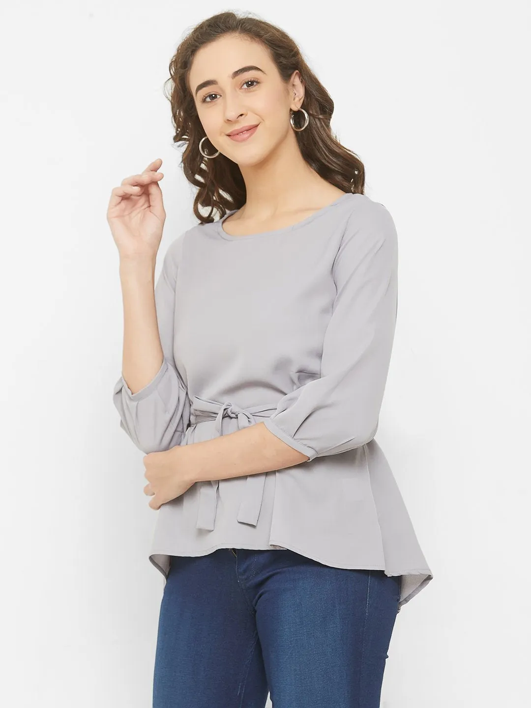 Grey Solid Top With Tie Up At Waist