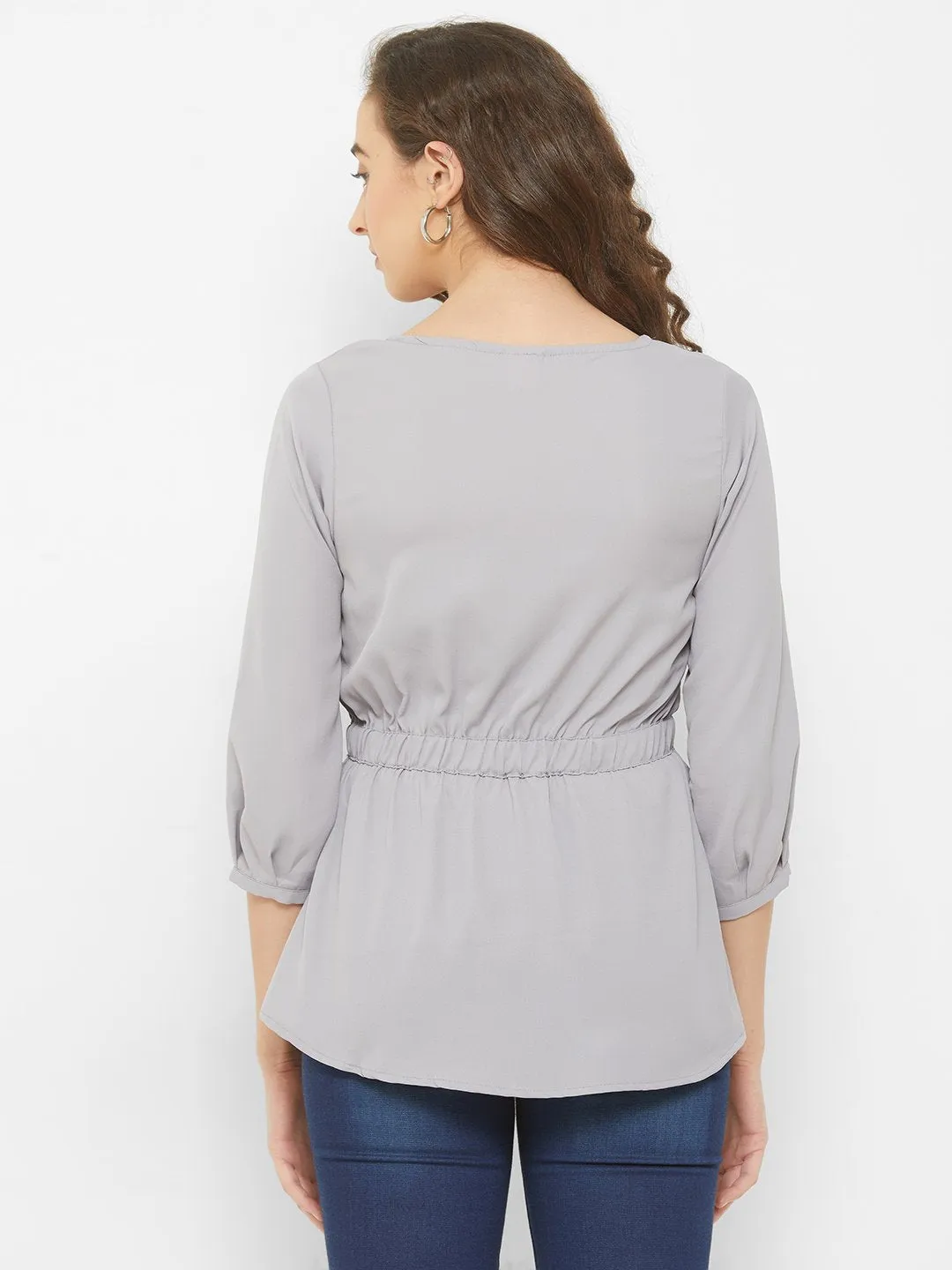 Grey Solid Top With Tie Up At Waist