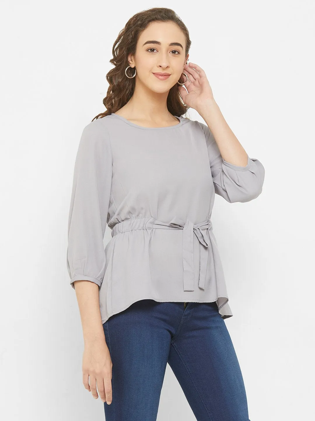 Grey Solid Top With Tie Up At Waist